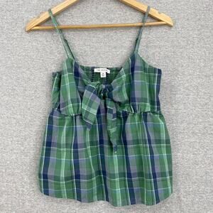 Free Assembly Top Womens Extra Small Green Blue Plaid Organic Cotton Smocked